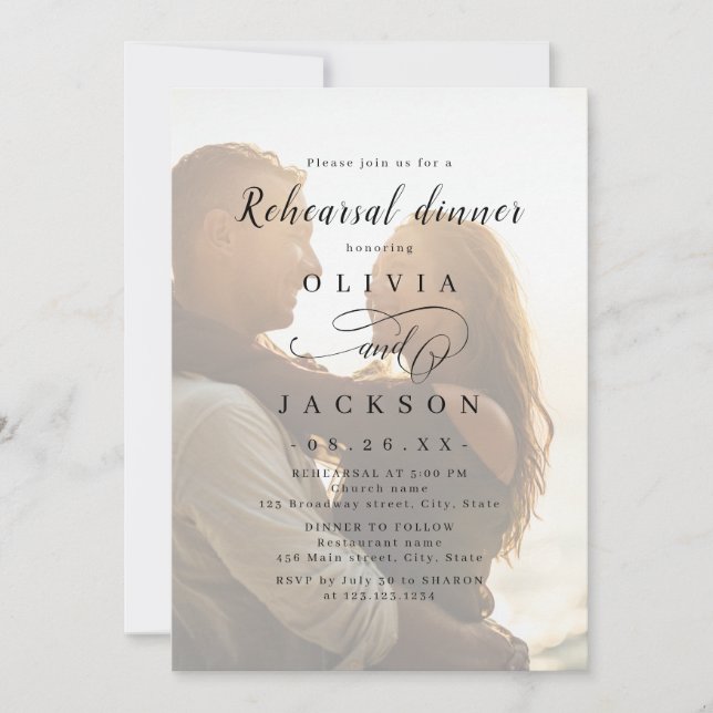 Simple romantic script photo Rehearsal Dinner Invitation (Front)