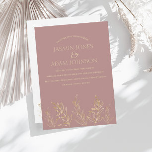 Simple Rose Gold and Golden Leaves Wedding Invitation