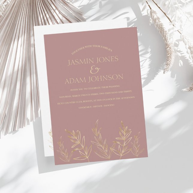 Simple Rose Gold and Golden Leaves Wedding Invitation (Creator Uploaded)