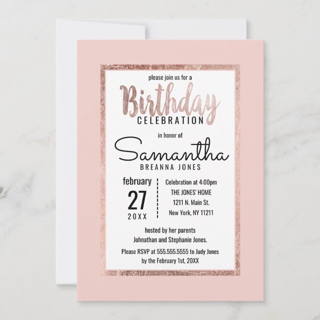 Simple Rose Gold Blush Pink Brush Script Birthday Invitation (Front)
