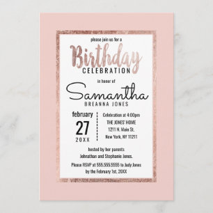 Simple Rose Gold Blush Pink Brush Script Birthday Invitation