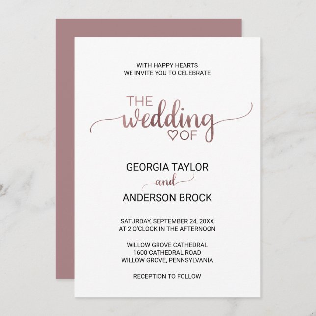 Simple Rose Gold Calligraphy Wedding Invitation (Front/Back)