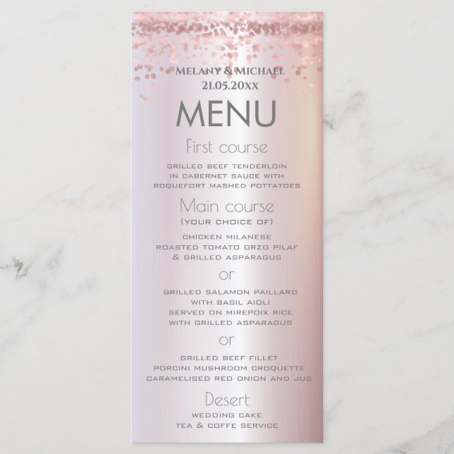 Simple rose gold confetti metallic trendy elegant menu (Front)