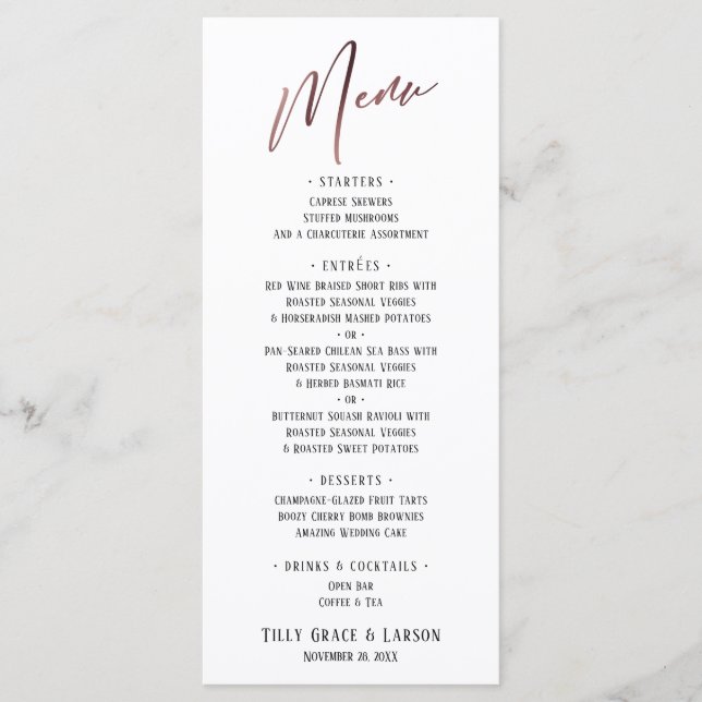 Simple Rose Gold Contemporary Typography Menu (Front)