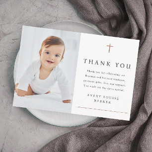Simple Rose Gold Cross Photo Religious Baptism Thank You Card