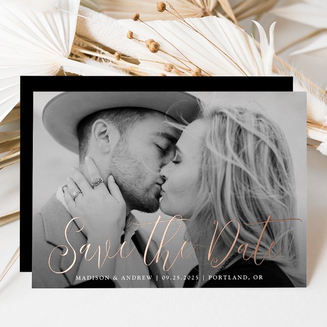 Simple Rose Gold Foil Script Photo Save the Date (Creator Uploaded)