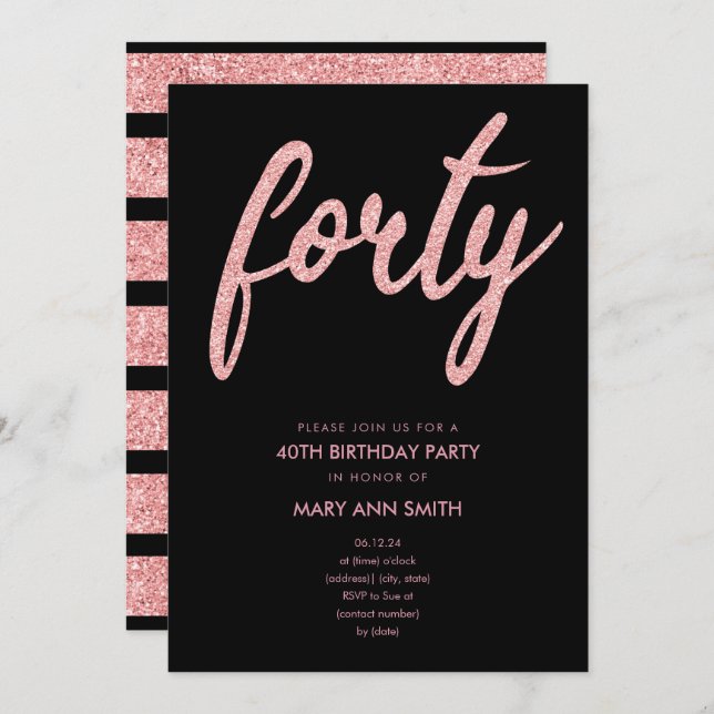 Simple Rose Gold Glitter 40th Birthday Party Invitation (Front/Back)