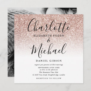 Simple Rose Gold Glitter Script Wedding Photo Invitation