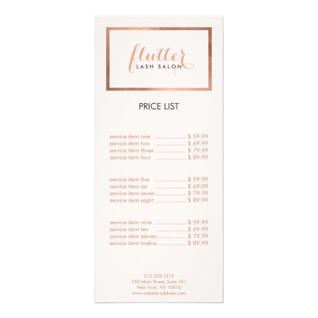 Simple Rose Gold Lash Salon Logo Pink Rack Card (Front)