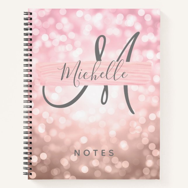 Simple Rose Gold Lights Name Monogram Blush Notebook (Front)