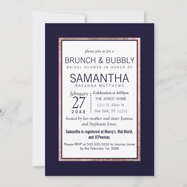 Simple Rose Gold Lined Navy Blue Brunch Bubbly Invitation (Front)