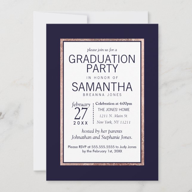 Simple Rose Gold Lined Navy Blue Graduation Party Invitation (Front)