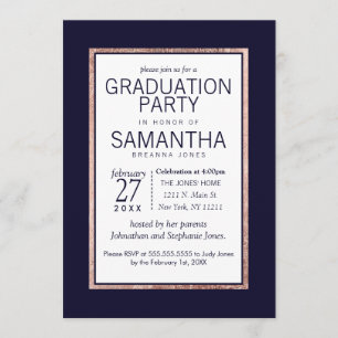 Simple Rose Gold Lined Navy Blue Graduation Party Invitation