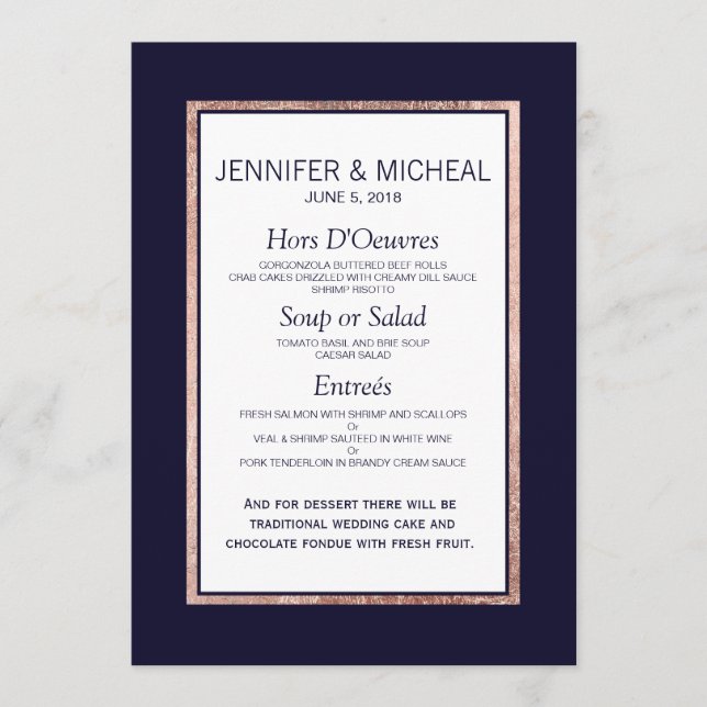 Simple Rose Gold Lined Navy Blue Wedding Menu (Front)