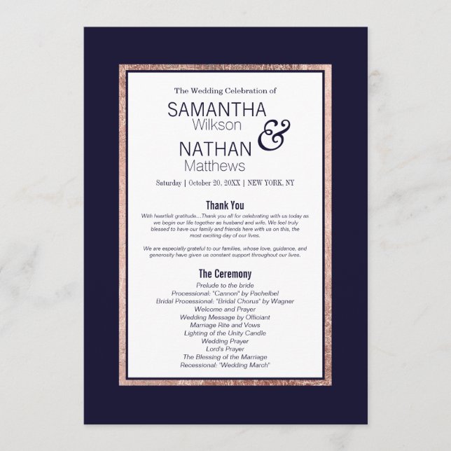 Simple Rose Gold Lined Navy Blue Wedding Program (Front)