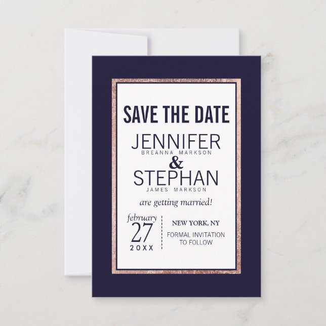 Simple Rose Gold Lined Navy Blue Wedding Save The Date (Front)
