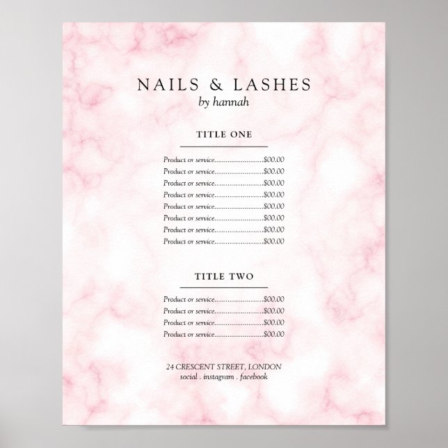 Simple Rose Gold Marble Price Menu  Poster (Front)