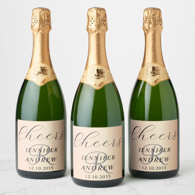 Simple Rose Gold Monogram Wedding  Sparkling Wine Label (Bottles)