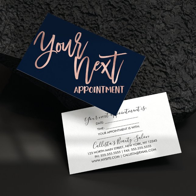 Simple Rose Gold Navy Blue Modern Typography Appointment Card (Creator Uploaded)