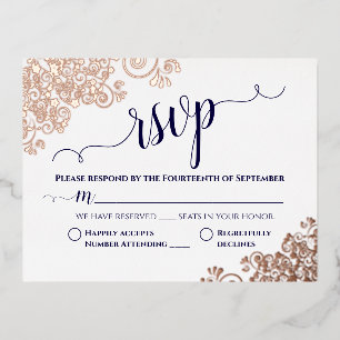 Simple Rose Gold & Navy Wedding RSVP Foil Invitation Postcard