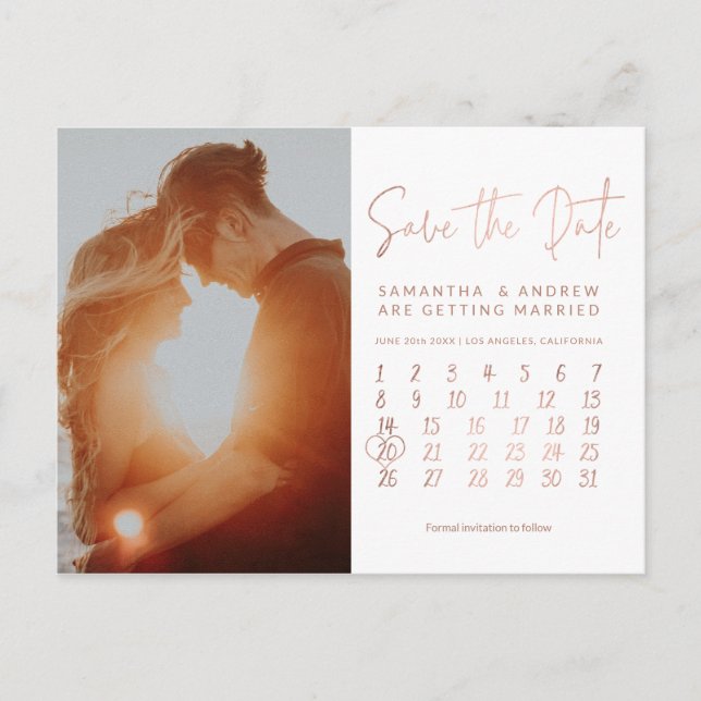 Simple rose gold photo calendar save the date announcement postcard (Front)