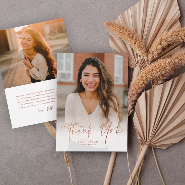 Simple Rose Gold Script 2 Photo Graduation Thank You Card (Creator Uploaded)