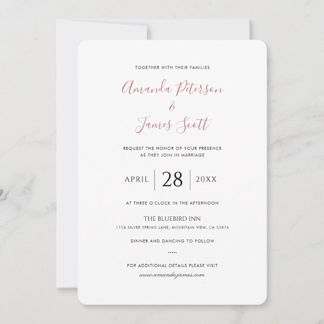 Simple Rose Gold Script Wedding Invitation Card (Front)