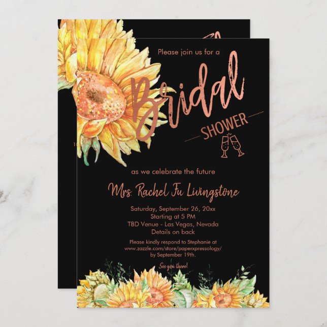 Simple Rose Gold Sunflower Bridal Shower Details  Invitation (Front/Back)