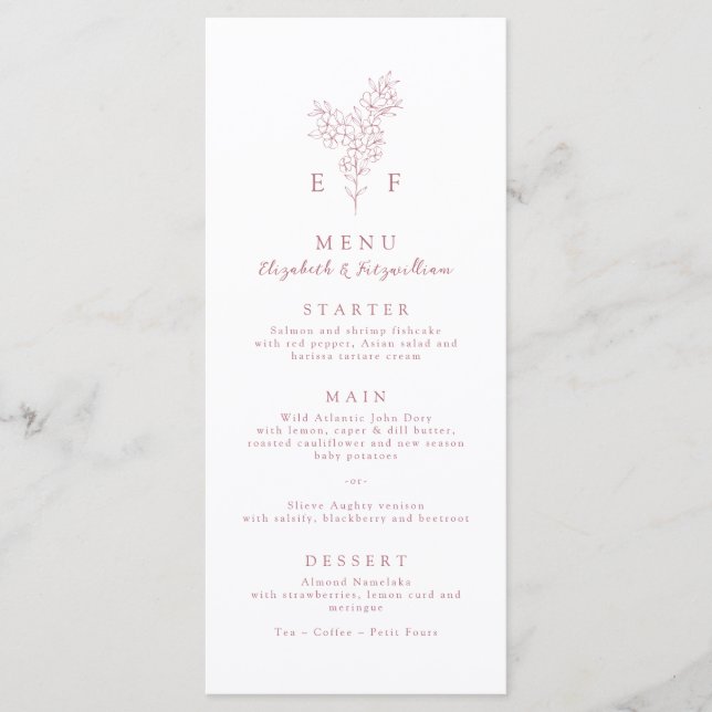 Simple Rose Pink Cherry Blossom Monogram Wedding Menu (Front)