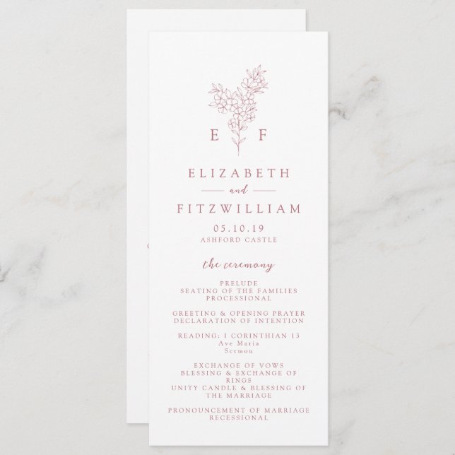 Simple Rose Pink Cherry Blossom Monogram Wedding Program (Front/Back)