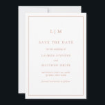 Simple Rose Pink Monogram Elegant Wedding Save The Date<br><div class="desc">Simple flat non photo wedding save the date card featuring an elegant and timeless design with your two letter monogram at the top and your details surrounded by a thin border. All text is in a rose gold tone, over a white background. The font colour may be changed to any...</div>