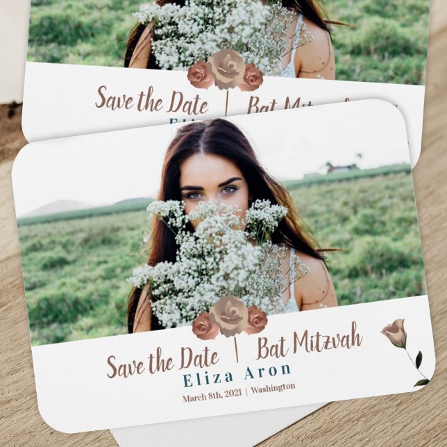 Simple Rose Save the Date Magnet (beige, mauve roses, teal green calligraphy, bat mitzvah magnet, save the date, script writing)