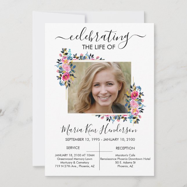 Simple Roses Gold Photo Funeral Memorial Service Invitation (Front)