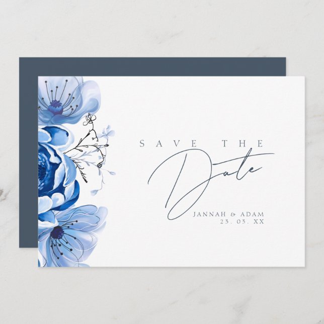 Simple Royal Blue Opulence Floral Roses Wedding  Save The Date (Front/Back)