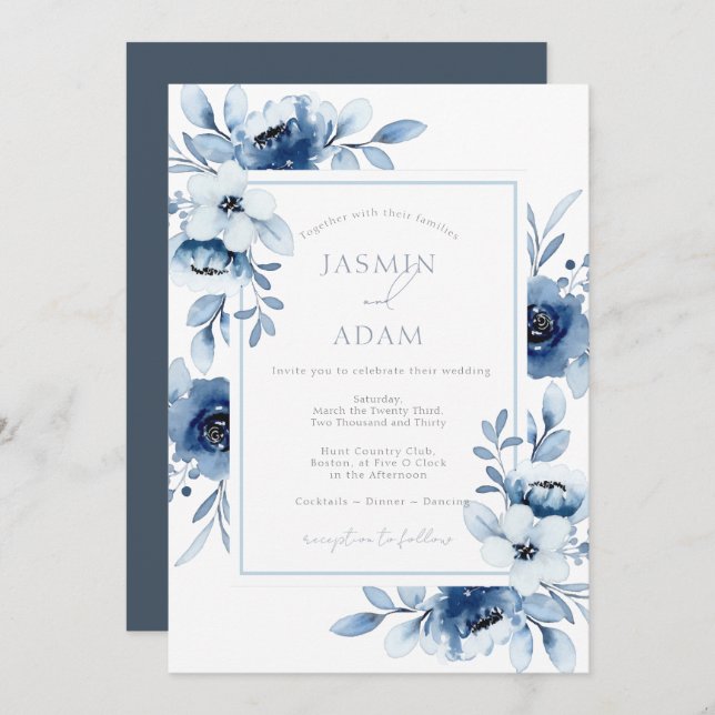 Simple Royal Blue Opulence Floral Wedding  Invitation (Front/Back)