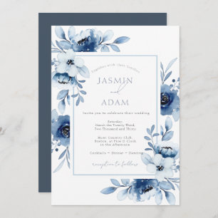 Simple Royal Blue Opulence Floral Wedding Invitation
