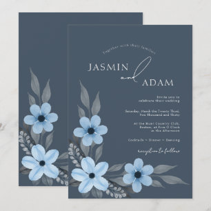 Simple Royal Blue Opulence Floral Wedding Invitation