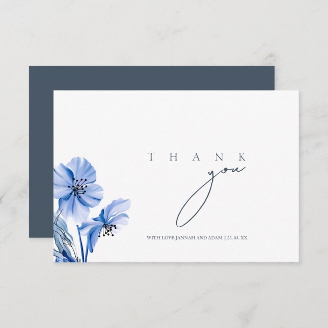 Simple Royal Blue Opulence Floral Wedding Thank You Card (Front/Back)