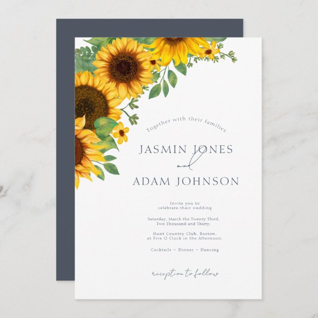 Simple Royal Blue Opulence Sunflowers Boho Wedding Invitation (Front/Back)