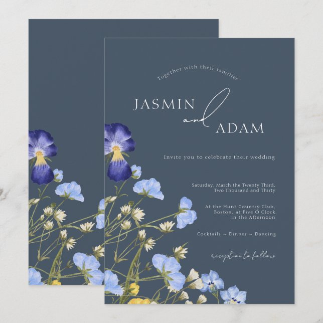 Simple Royal Blue Opulence Wildflowers Wedding Invitation (Front/Back)