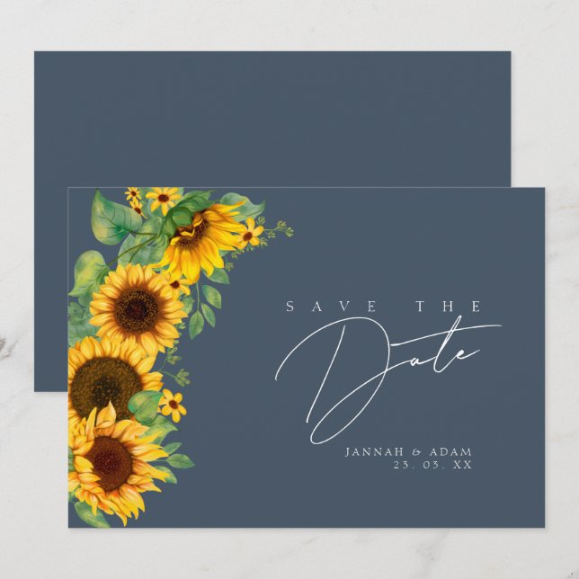 Simple Royal Blue Sunflower Floral Wedding Save The Date (Front/Back)