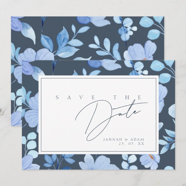 Simple Royal Blue Wildflower Wedding Save The Date (Front/Back)