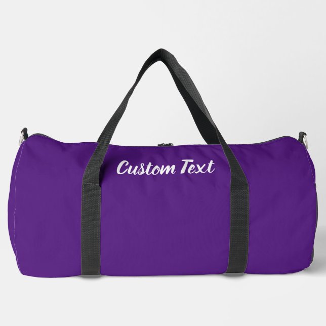 Simple Royal Purple and White Script Text Template Duffle Bag (Front)
