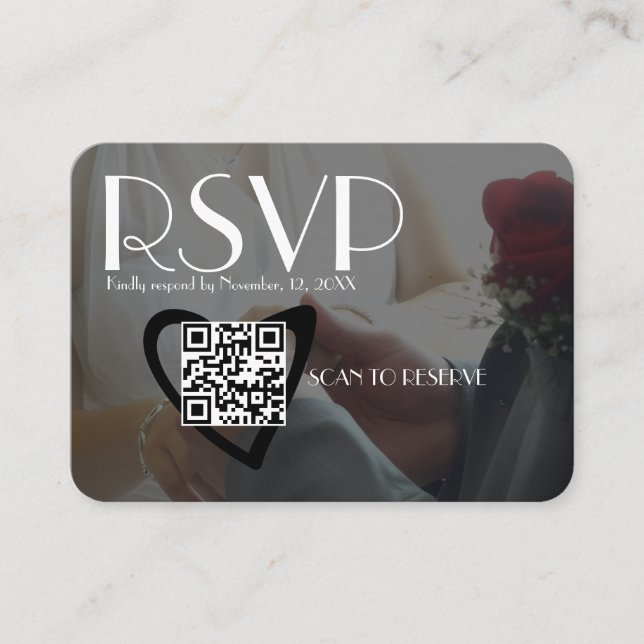 Simple RSVP Black Photo Heart QR Code Wedding Enclosure Card (Front)