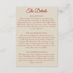 Simple Ruby Red Bone White Wedding Details Enclosure Card