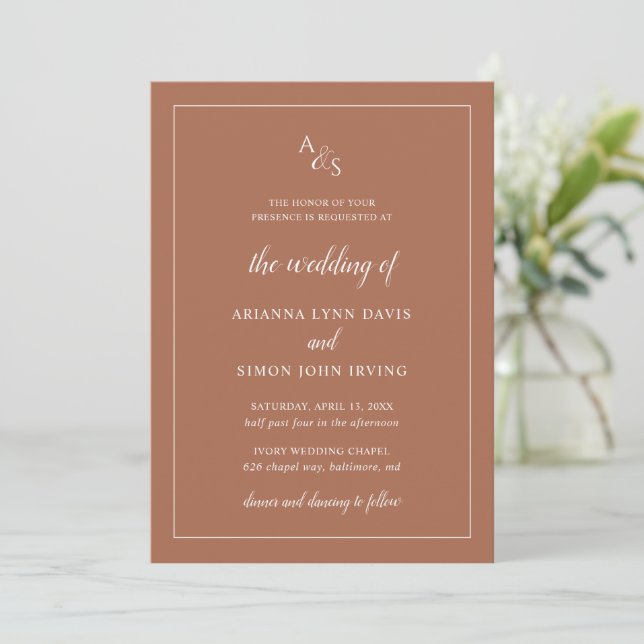 Simple Rust Monogram Formal Elegant Wedding Invitation (Standing Front)