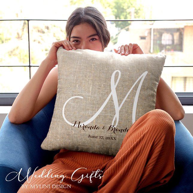 Simple Rustic Beige Burlap Monogram Wedding Cushion (Creator Uploaded)
