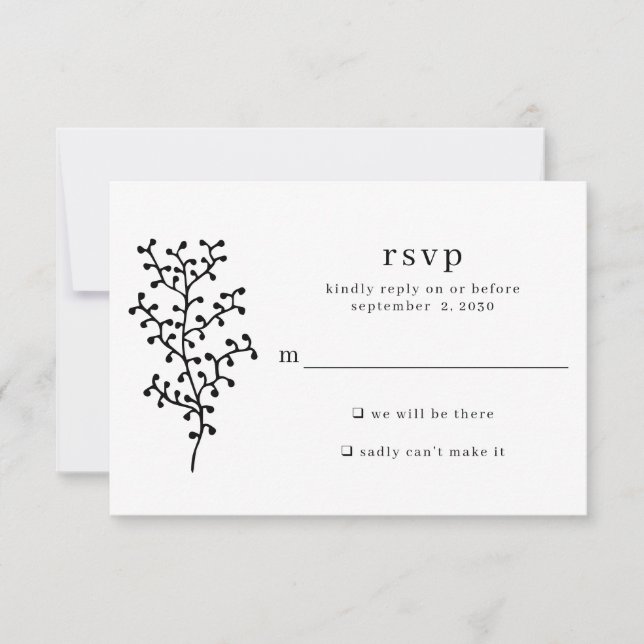 Simple Rustic Botanical Black Typography Wedding RSVP Card (Front)