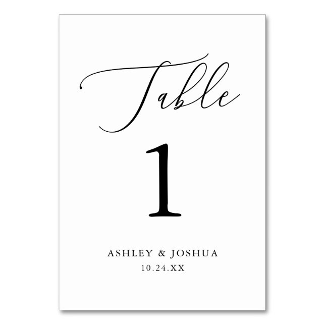 Simple Rustic Calligraphy Black and White Wedding Table Number (Front)