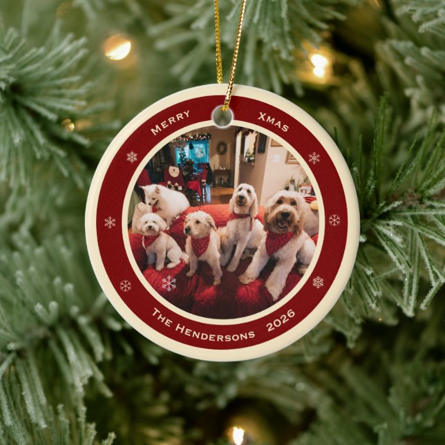 Simple Rustic Custom Photo Year and Greeting Ceramic Ornament (Tree)